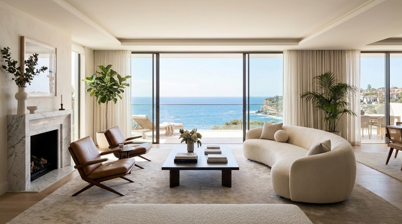 Luxury living room with designer furniture and sea views in a premium home in Catalonia