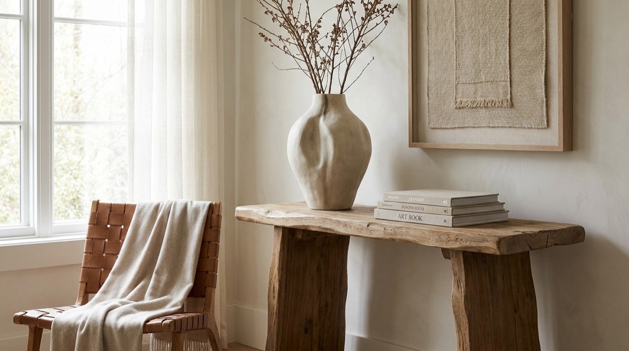 Detall interior editorial d'un habitatge d'alt nivell amb art i materials naturals