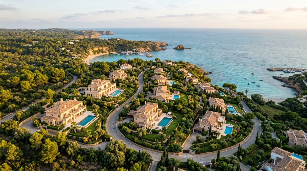 Vista aèria d'un barri exclusiu de vil·les de luxe vora la costa mediterrània