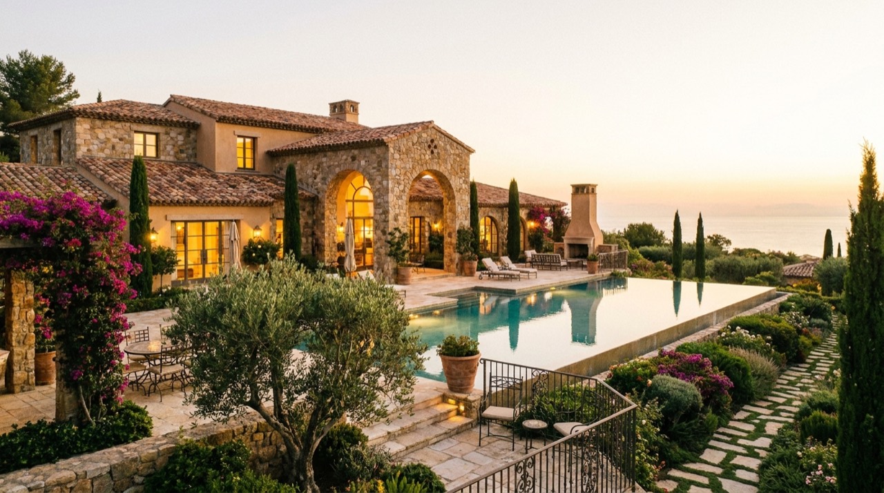 Vil·la mediterrània de luxe amb piscina privada i jardí a la llum càlida del capvespre