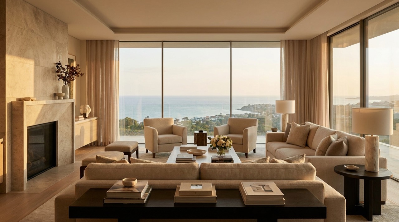 Fotografia immobiliària premium d'un saló de luxe a l'hora daurada amb vistes al mar
