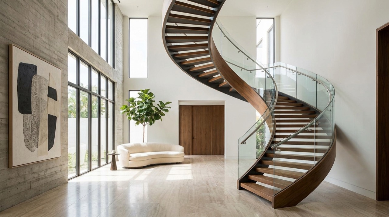 Detall arquitectònic interior d'un habitatge de luxe amb escala escultural i llum natural