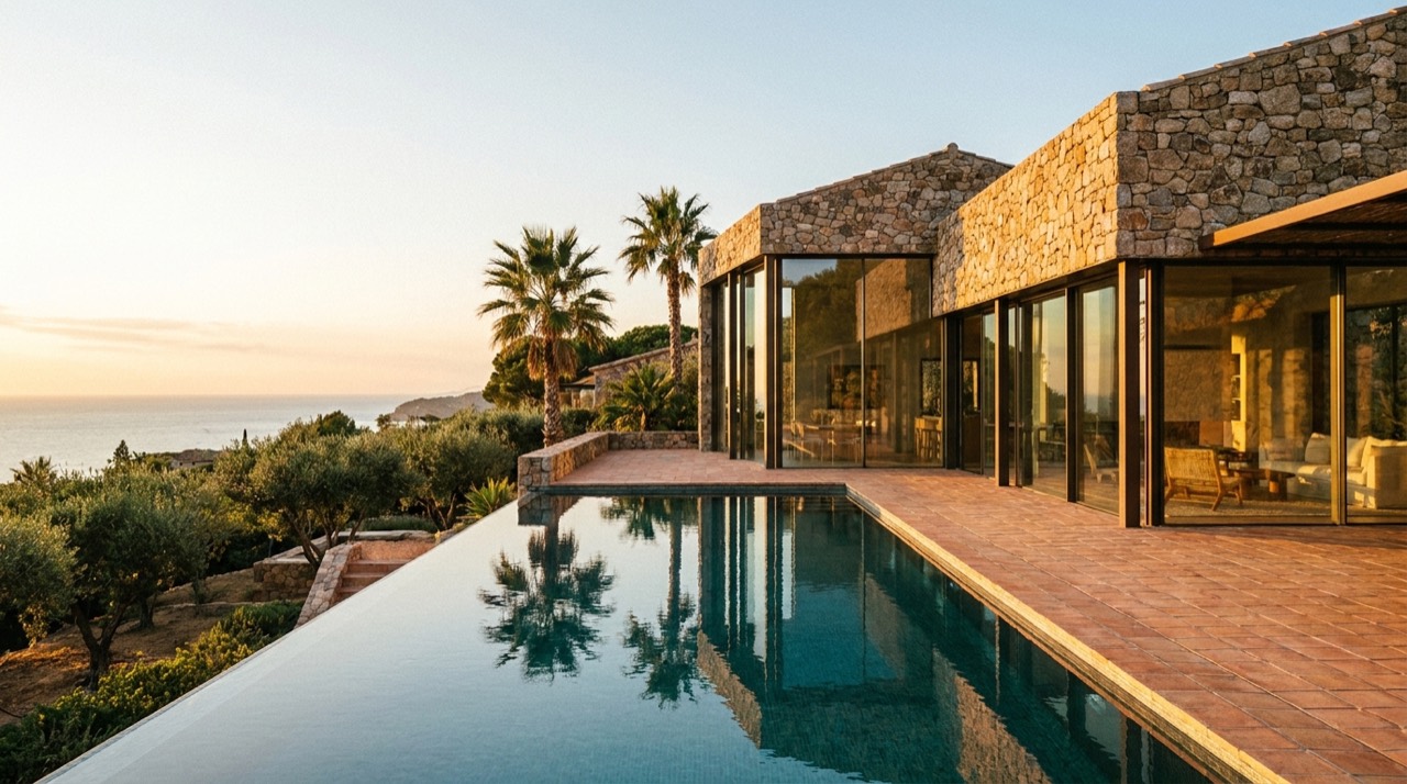 Vila moderna de luxe a la Costa Brava amb pedra i vidre, piscina infinita i vistes al mar