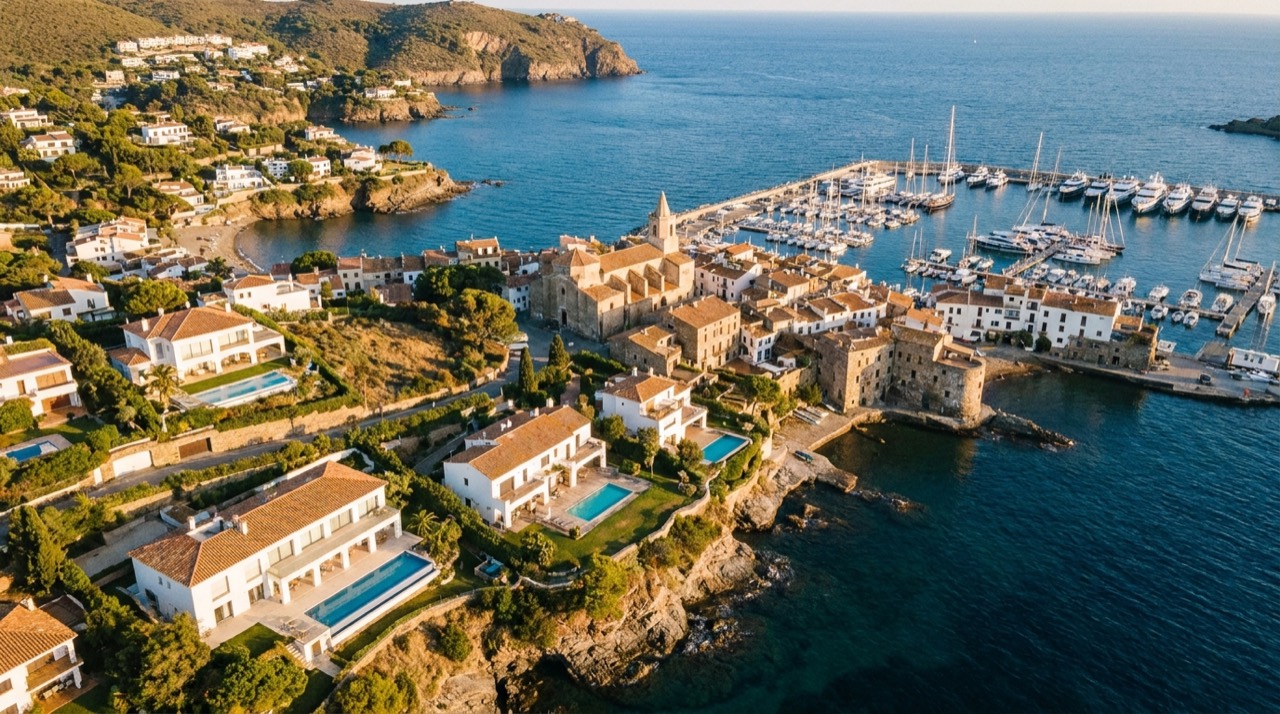 Vista aèria d'un poble costaner català amb habitatges de luxe i port esportiu