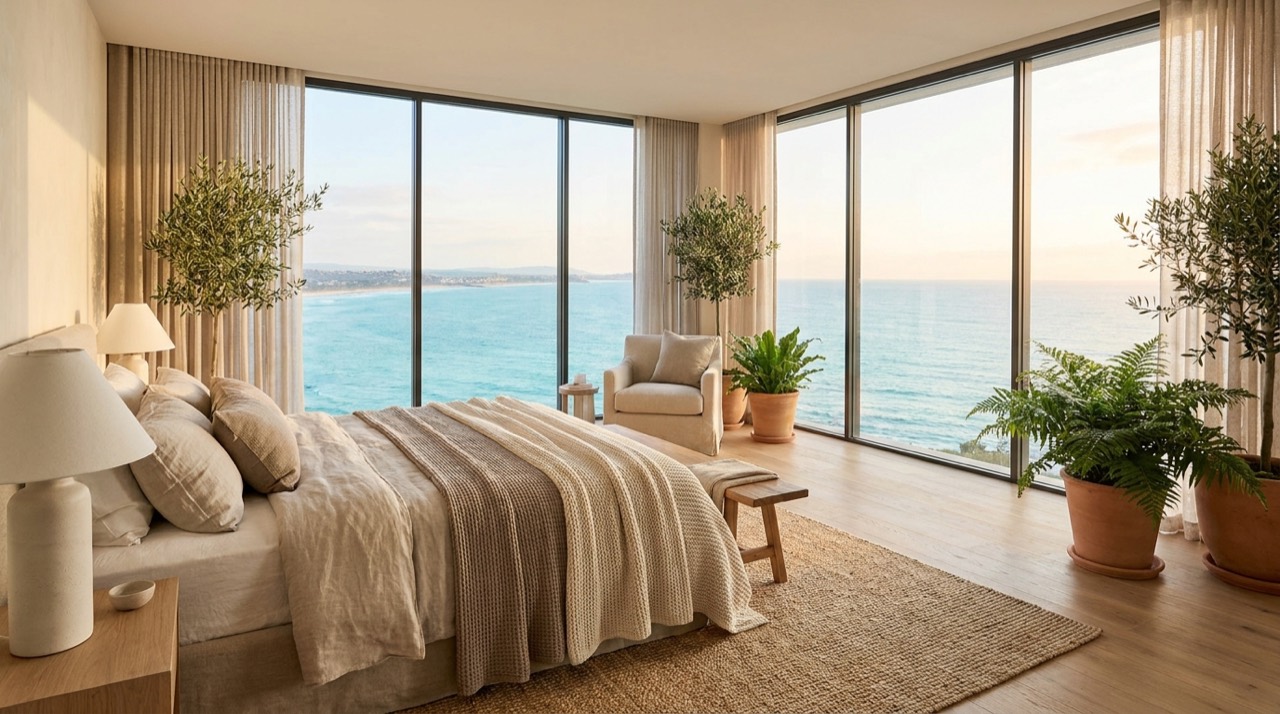 Dormitori de luxe preparat amb home staging, paleta neutra i vistes al mar