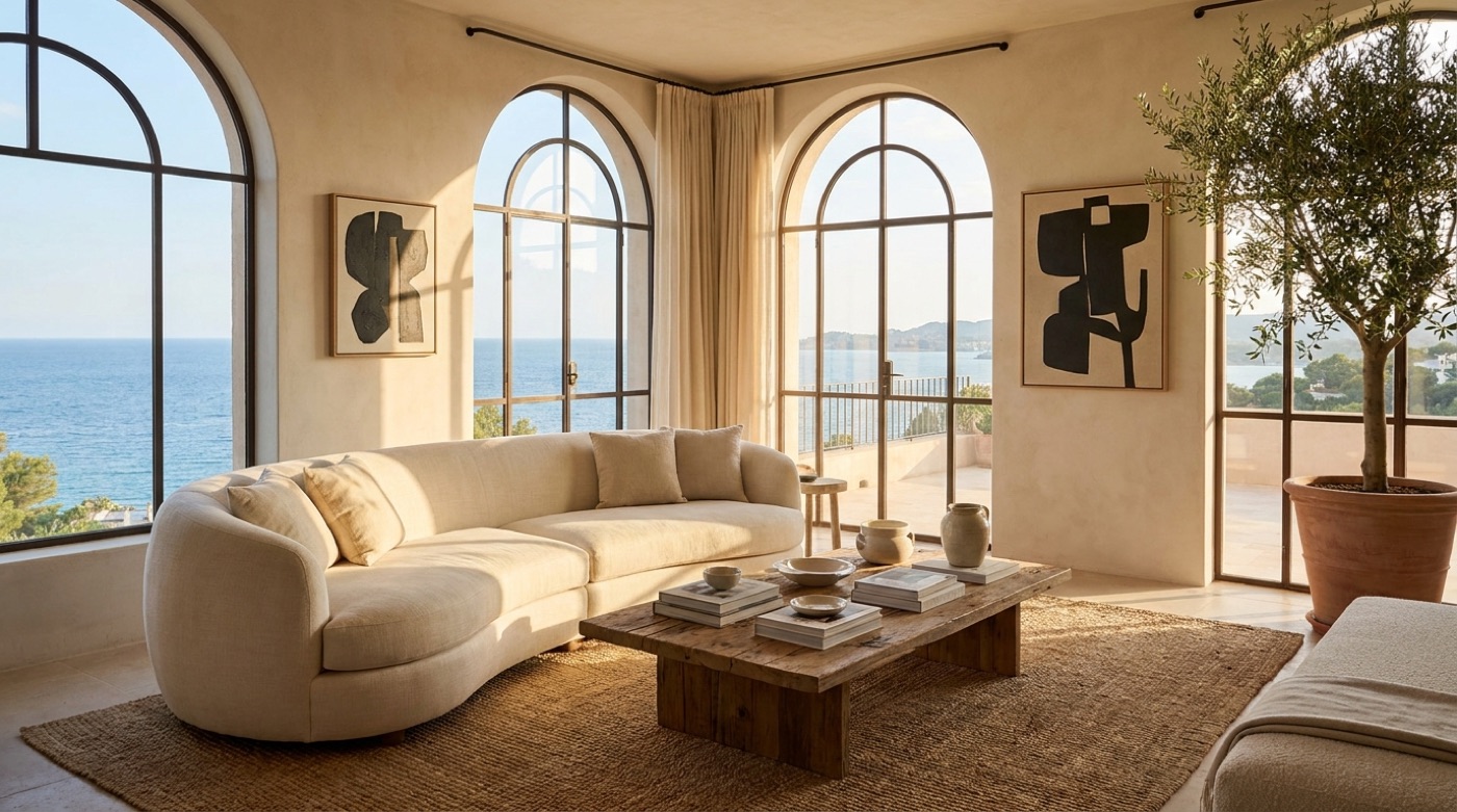Salón de lujo después del home staging: mismo espacio montado con sofá, mesa y decoración