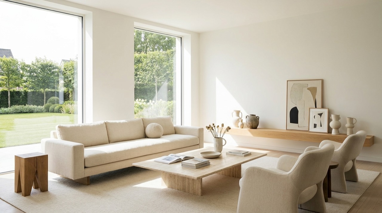 Saló minimalista de luxe amb home staging, mobiliari curat i llum natural