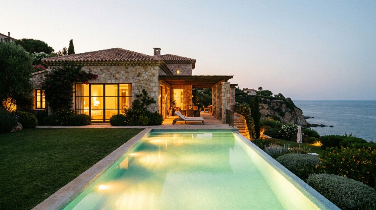 Vil·la de luxe al capvespre amb piscina infinita il·luminada i llums càlids interiors